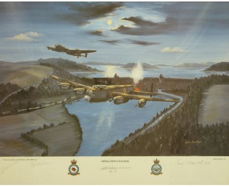 John Larden RAF interest print 'Operation Chastise', signed by the pilots (49cm x 39cm)
