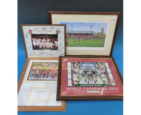 A selection of framed rugby related prints, mainly related to England's World Cup victory together with a print titled 'Histo