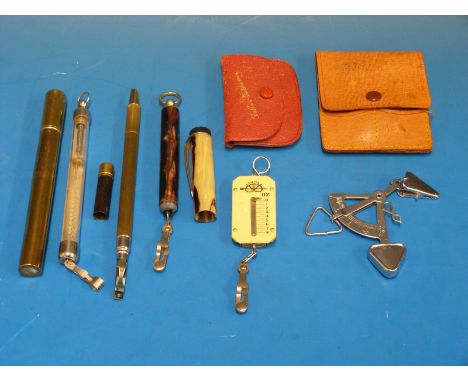 Five various letter scales including one formed as a pen, two tubular travelling examples etc 