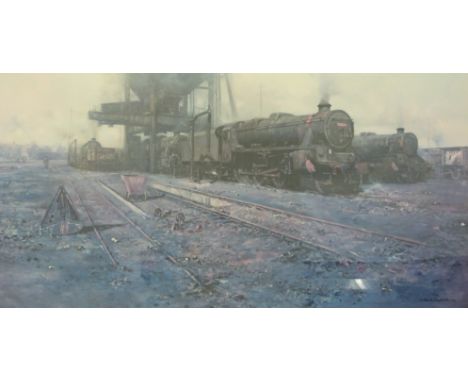 David Shepherd signed limited edition print 253/850 of a steam engine 'Black Five Country' (46cm x 93cm)