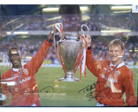 Three pictures of Manchester United all with facsimile signatures, one of George Best, one of the 1968 European Cup winning t