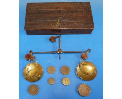 An oak-cased hand-held beam scale with steel beam and brass pans with various coin weights. Inscribed to lid "Thomas Darkshir