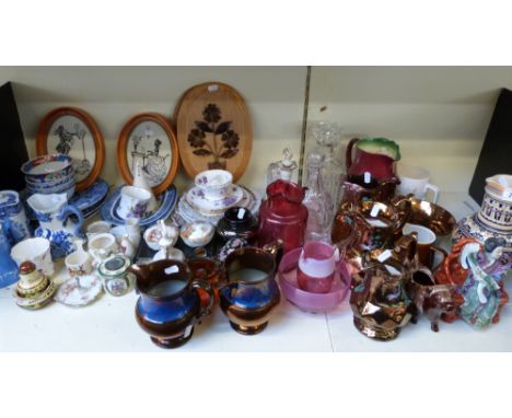 A large quantity of ceramics and glass including Cranberry glass jug, Goss crested ware, Chinese figure, Beswick palm jug, Ma