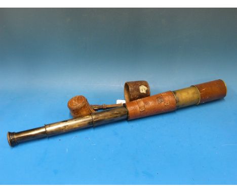 A WWI leather and brass telescope marked T.T & H Ltd 1918 no. 35650 Tel. sig. (Mk IV) also G.S. with broad arrow below 