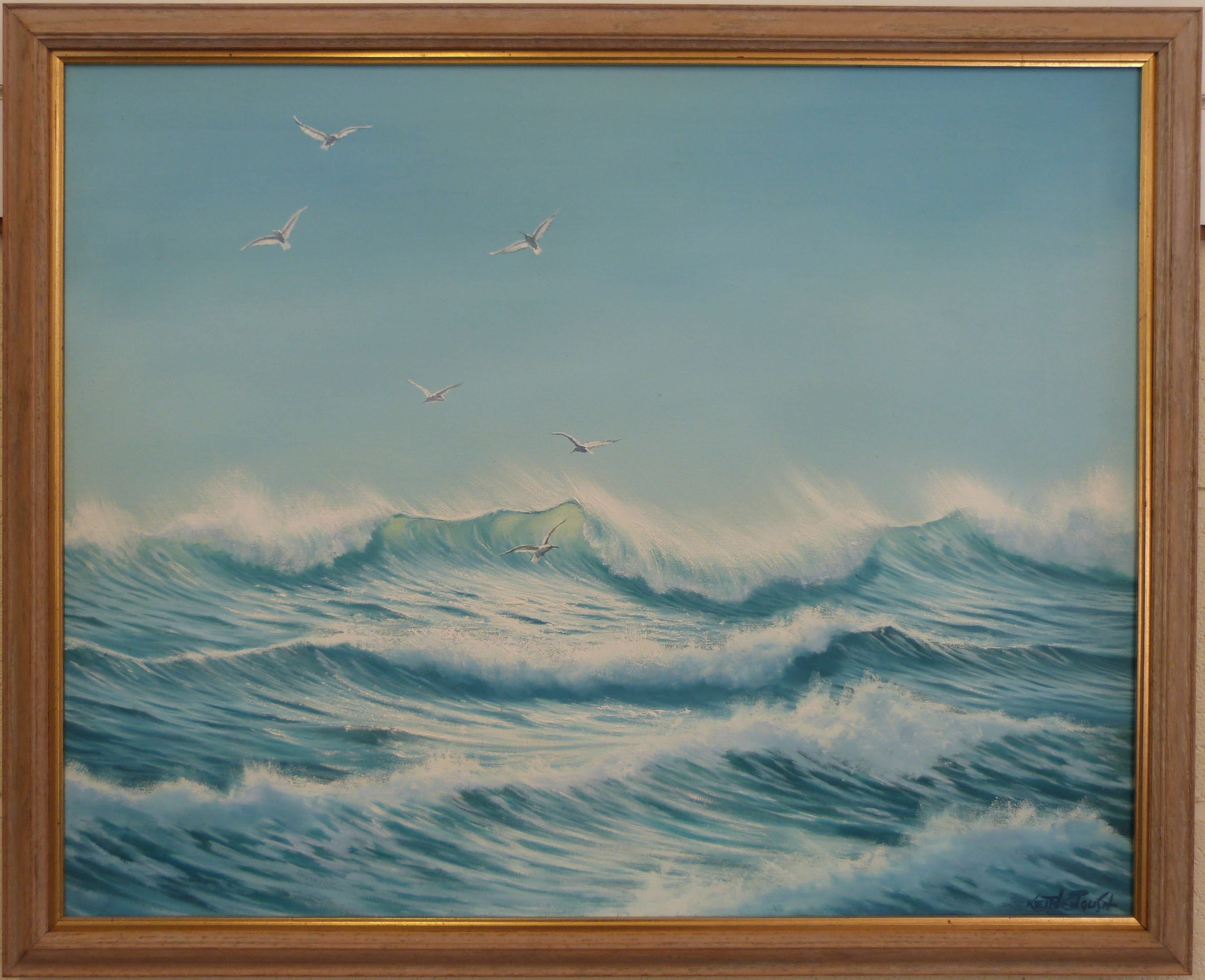Keith English Oil on canvas of waves with gulls above (58cm x 73cm