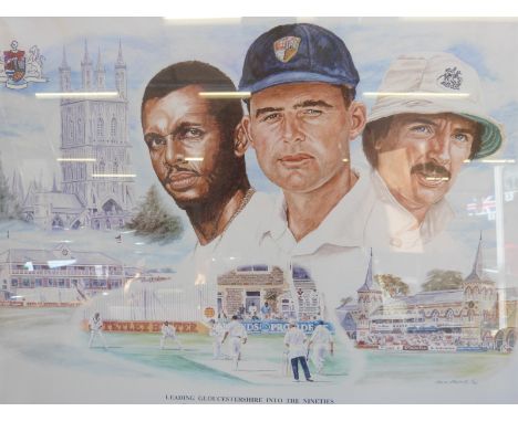 A framed picture by David Stallard, 'Leading Gloucestershire Into the Nineties' signed by the artist as well as CA Walsh, A. 