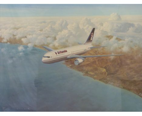 Signed limited edition Gerald Coulson print of a Boeing 767-200 over Malaga with accompanying book (49cm x 69cm)