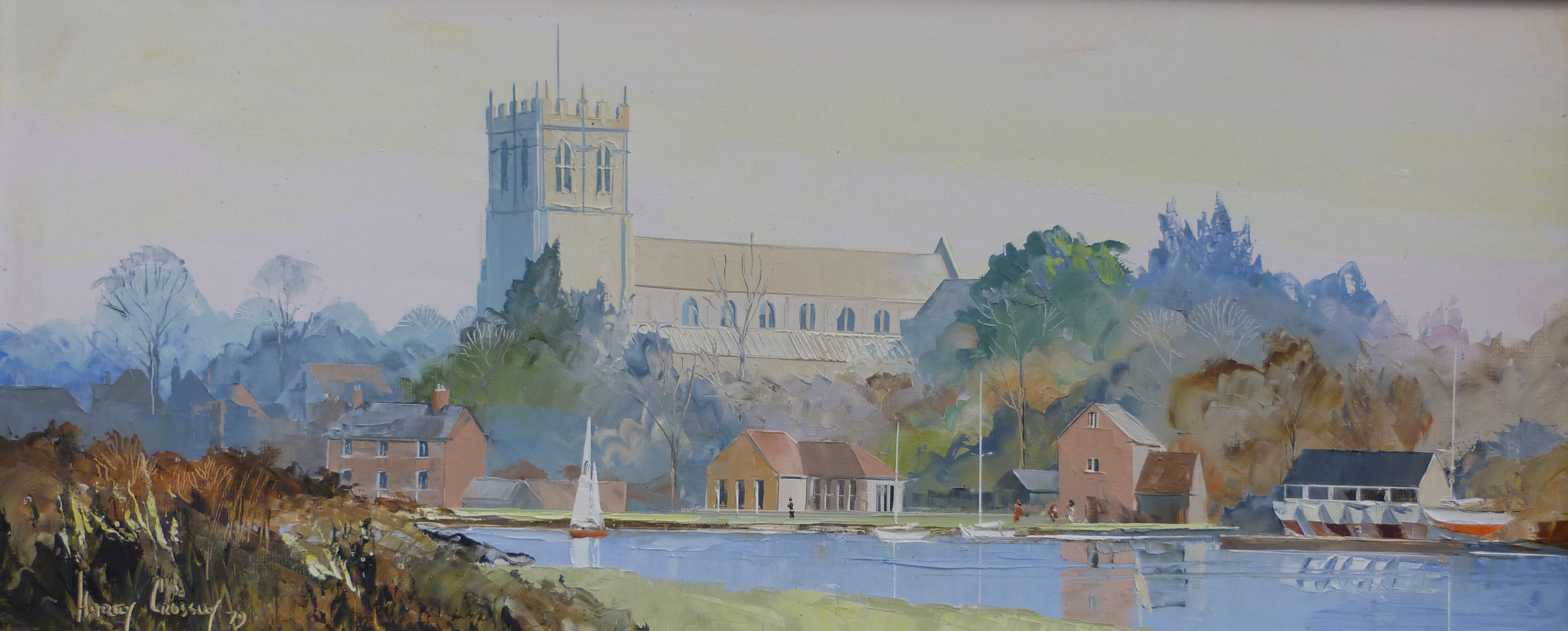 Harley Crossley oil on board church with sailing club to foreground