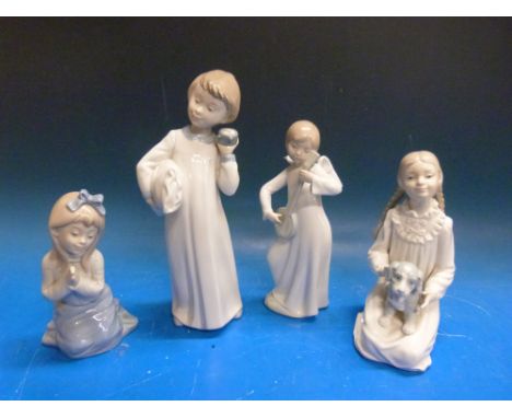 Four Nao figures including an angel playing a banjo, a girl with a puppy and boy with alarm clock