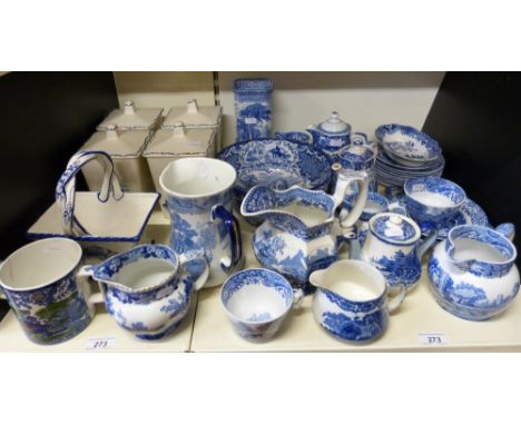 A collection of Spode, George Jones and other blue and white ceramics including storage jars, basket, large bowl etc 