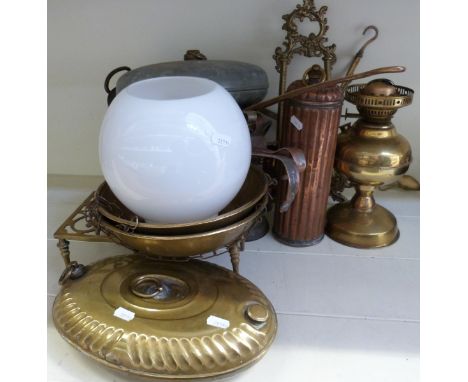 A quantity of metalware including oil lamp, pans, warmers, scales etc together with a tapestry