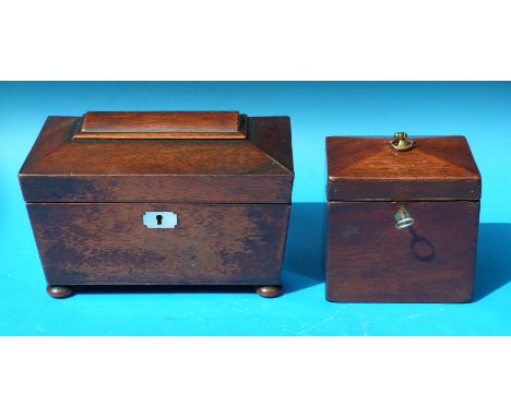 A Georgian mahogany tea caddy with brass handle and inlay together with a sarcophagus shaped mahogany tea caddy with mother o