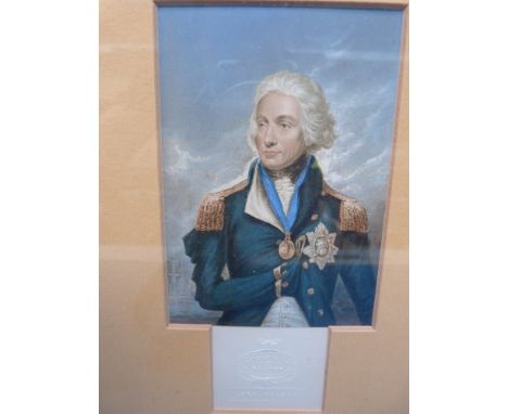 A framed Baxter print of Admiral Lord Nelson in naval dress with ships to background (10.5 x 7.5cm) 