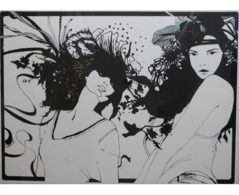 A very large 1970's style black and white print of two women 
