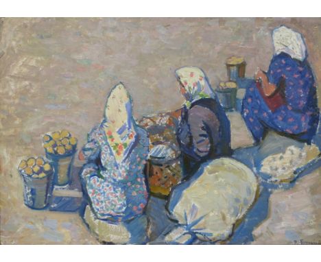 R. Bulinskaya: Oil on board 'Market Day', inscription verso dated 1963 (49cm x 68cm)