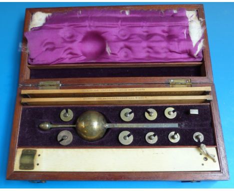 A mahogany cased Sikes's Hydrometer by Farrow & Jackson with Intross ivory backed thermometer and boxwood slide rule