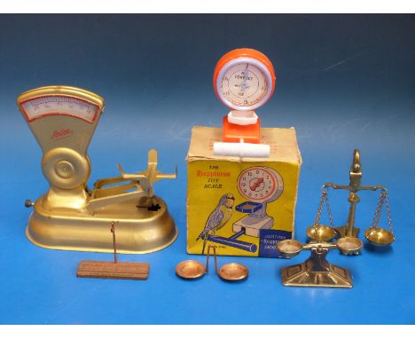 Five sets of miniature and toy scales including a boxed 'Happiness toy scale' and an Antoe scale