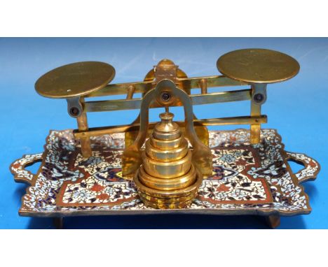 A set of probably Mordan postage scales, marked to beam Howell James & Co. Regent Street, London, the brass base with enamel 