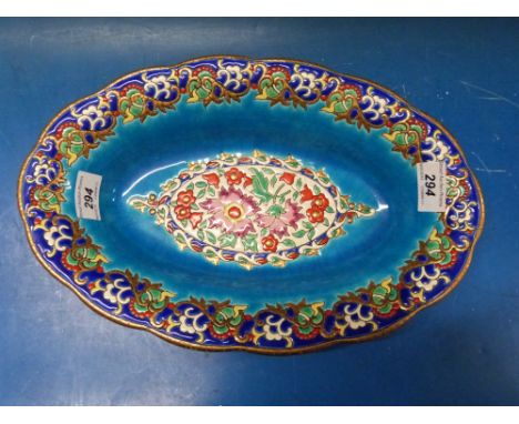 An oval Longwy bowl with enamel decoration 