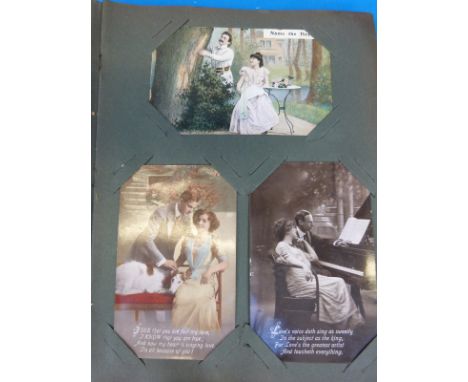 A vintage postcard album containing 68 Edwardian romantic postcards (green album) 