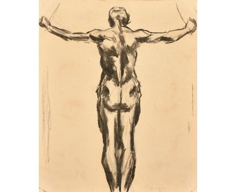 William Chattawy (1927-2019), a standing figure in chains, pencil and brushed ink, indistinctly signed, 22" x 17.5" (56 x 44.