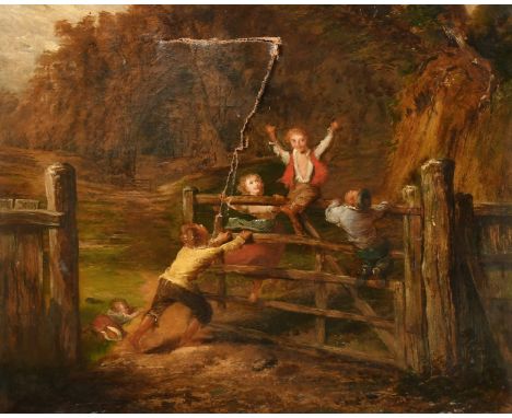 19th Century English School, children playing on a swinging gate, oil on canvas, 20" x 24" (51 x 61cm), a/f note with large t