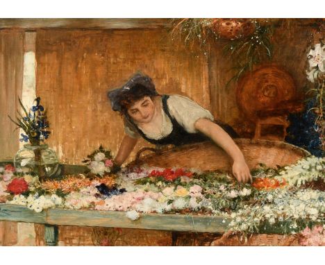 Rober Walker Macbeth (1848-1910), a young woman at a flower stall, oil on panel, signed with initials, 8" x 11.5" (20 x 29cm)