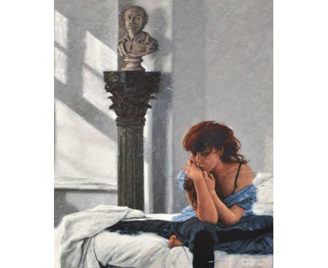 Gwyn Jones (20th Century), a portrait of a young woman seated on a bed, oil on canvas, signed, 32" x 26" (81.5 x 66cm).