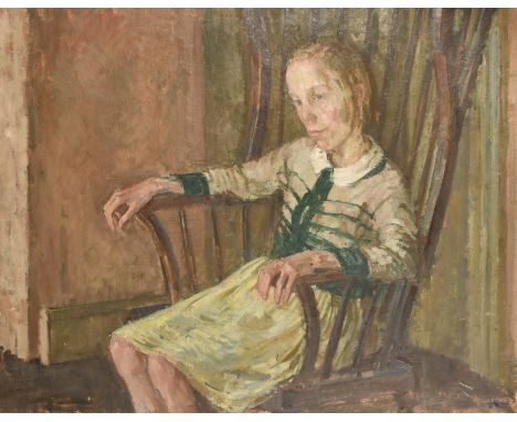 Sarah Hollebone (1932-2022), portrait of a young girl seated in a chair, oil on canvas, signed, inscribed verso, 28" x 36" (7