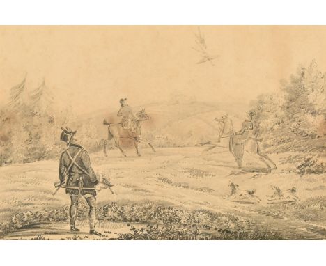 Alken (19th Century), a collection of four pencil drawings, two depicting falconry scenes and two depicting hunting scenes, t