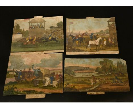 A collection of hand coloured engravings of racing and hunting subjects, unframed, some a/f, (q).
