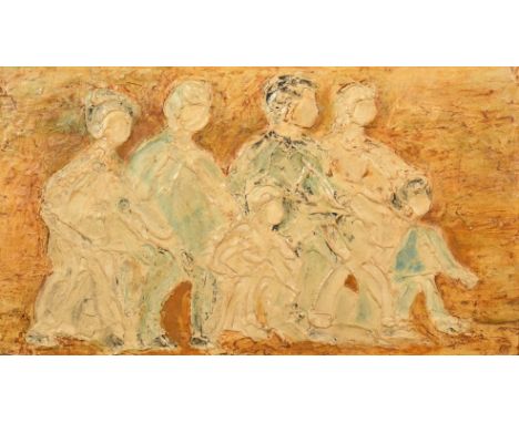 Rose Domb (20th Century), a gathering of figures travelling, oil on board, dedicated verso, 12" x 20" (30 x 51cm), along with