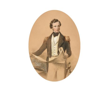 19th Century a portrait of a naval captain holding a map, watercolour probably over a photographic base, 11" x 8" (28 x 20cm)