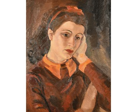 Mid-20th Century English School, a bust length portrait of a pensive lady, oil on canvas, 24" x 18" (61 x 46cm).