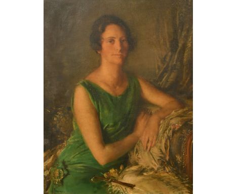 Walter Bowman Russell (1871-1963), a portrait of an elegant lady in a green dress, 'Mrs Guy Houlder', oil on canvas, signed, 