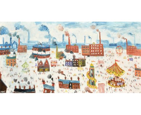 Simeon Stafford (b. 1956), figures at a fairground in an industrial landscape, oil on panel, signed, 24" x 48" (61 x 122cm).