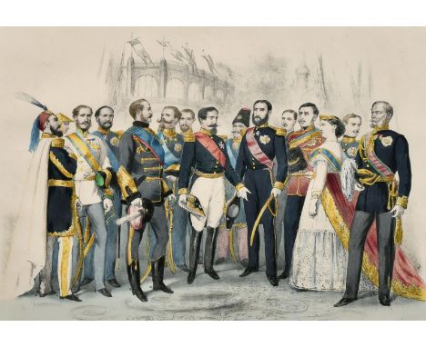After Vernier, A 19th Century hand coloured lithograph of Napoleon III and his entourage at an International exhibition, 10.5