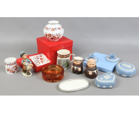 A group of collectable ceramics and glass to include Wedgwood, Adams, boxed Spode, Goebel etc.