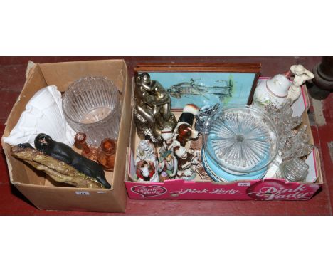 Two boxes of miscellaneous including a Bosson plaster wall hanging, Art Deco glass, ornaments, novelty cruet set, framed prin