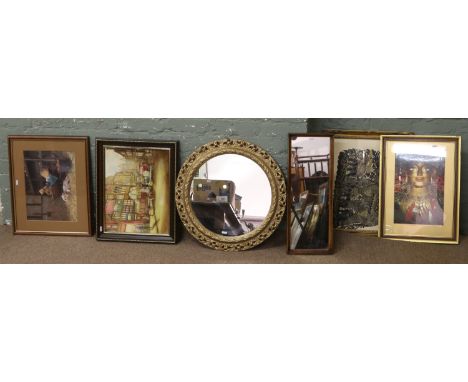 A gilt painted circular mirror, oak framed mirror and four framed prints.