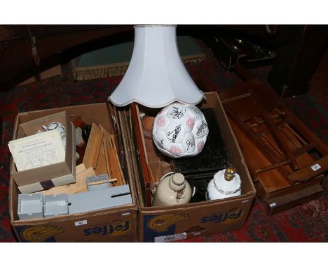 Two boxes of miscellaneous to include wooden items, childrens bone china teaset, Aynsley lamp etc.