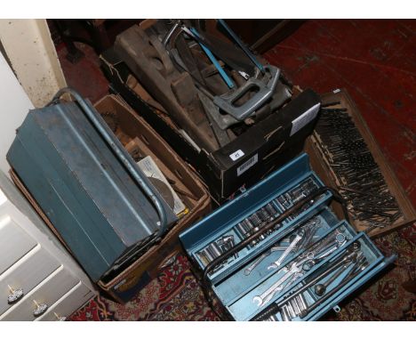 A large collection of hand tools, saws, files, spanners, sockets and two cantilever tool boxes and contents etc.