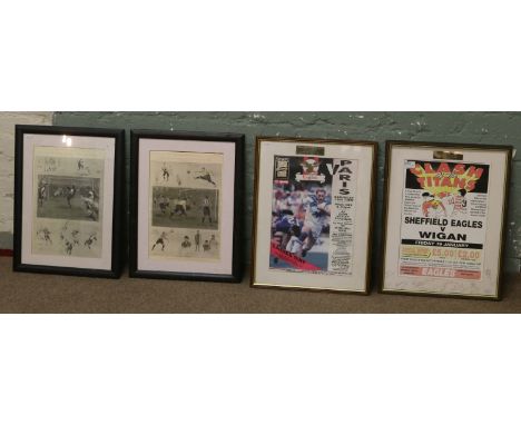 Two framed Sheffield Eagles posters, one signed along with two framed illustrated London News football prints.