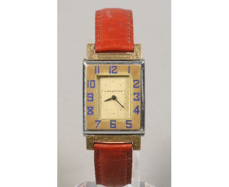 A gentlemans vintage Longines rectangular manual wristwatch with gilt metal bezel having enamelled numerals, 24mm wide.