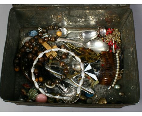 A tin of costume jewellery and collectables including rosaries, caddy spoon and faux tortoise shell hair ornaments etc.