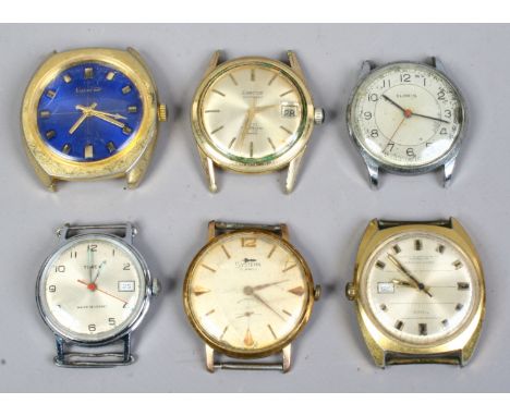 Six vintage watch heads including Timex and Lucerne. Condition Report. To be used as a guide only. Four not running.