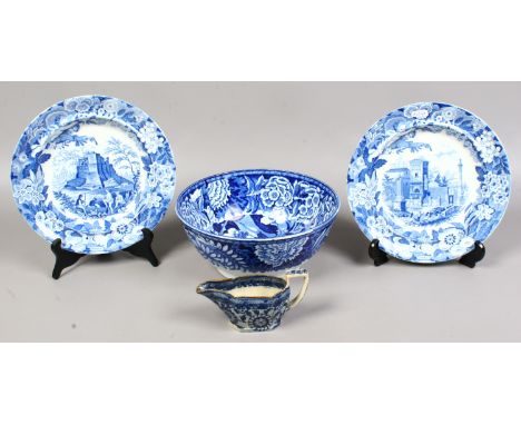 Two Don pottery Italian landscape plates along with a pearlware bowl and pearlware sauceboat.