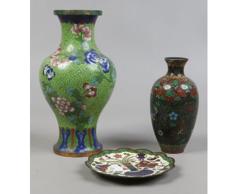 A small Chinese fluted cloisonne dish, machined cloisonne vase and a Japanese cloisonne vase. Condition Report. To be used as