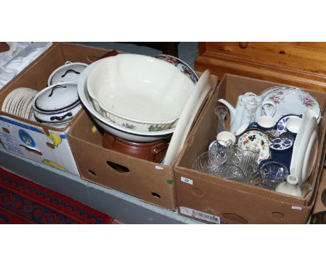 Three boxes of miscellaneous including Minton, Royal Grafton, vintage coffee service, Wedgwood, cut glass, two large pottery 