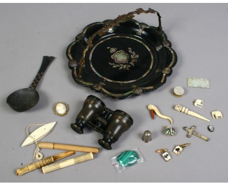 A Victorian papier mache swing handled dish with abalone shell inlay and a box of collectables including bone Stilton scoop, 